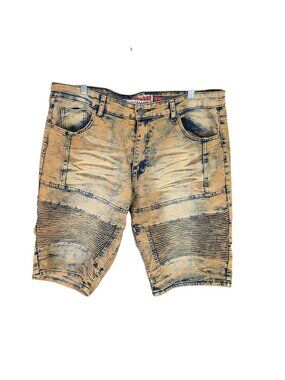 Mens GS-115 Distressed Tan & Blue Denim Shorts Ribbed Knee Panels Faded Wash 38